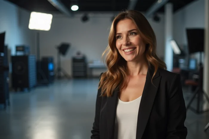 Femme confiante dans la trentaine posant en coulisses d'un studio de télévision, illustrant l'univers de la télé-réalité