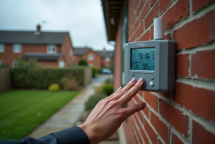 Station météo La Crosse Technology fixée sur un mur en briques extérieur avec une main reconnectant le capteur après une réinitialisation