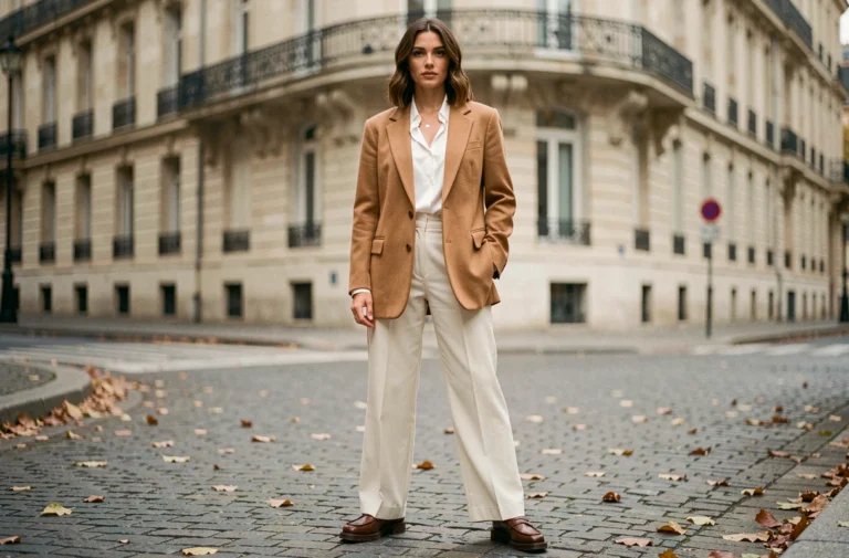 Femme élégante portant un blazer oversize camel et un pantalon large ivoire dans une rue parisienne en automne, tendances mode saison