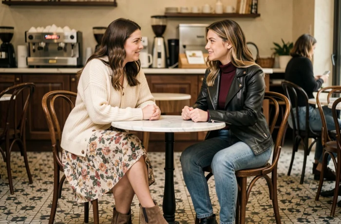 Deux femmes attablées dans un café parisien portant des tenues tendance contrastées, cardigan en maille et veste en cuir, style mode saison