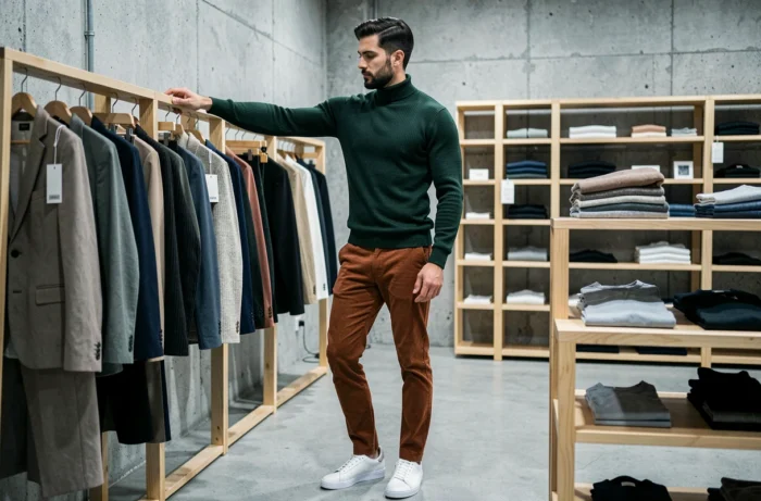 Homme en pull col roulé vert forêt et pantalon velours côtelé rouille dans un concept store moderne, tendances mode masculine saison