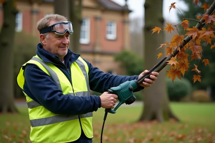 Homme utilisant une élagueuse électrique pour tailler une branche de chêne dans un jardin en automne
